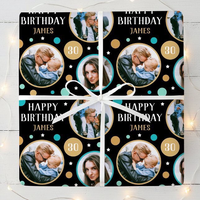 Papel De Regalo Happy Birthday Photo Collage Any Age 30th Teal (Subido por el creador)