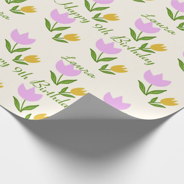 Papel De Regalo Happy Birthday Pink Orange Tulips Cute Custom Name (Esquina)