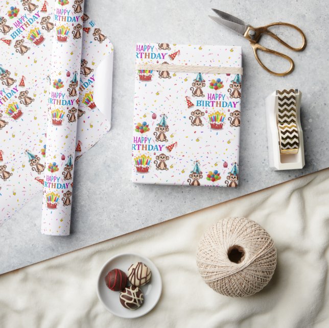 Papel De Regalo Happy Birthday Wrapping Paper Monkey Cupcake  (Artesanía)