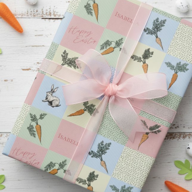 Papel De Regalo Happy Easter Rabbit & Carrot Square Pattern (Adorable Pink Happy Easter Wrapping Paper for Her. Cute Easter Bunny & Carrots Illustration for Kids)