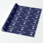 Papel De Regalo Happy Hanukkah Simple Menorah Pattern Blue<br><div class="desc">Papel de envolvimiento feliz del Día Azul de Hanukkah,  con un simple patrón de menorah blanco y diseño de tipografía de escritura. Con letras en personalizable blanco,  puede añadir su propia información. Un artículo festivo para enviar regalos especiales esta temporada.</div>