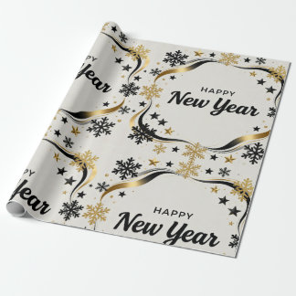 Papel De Regalo Happy New Year Black and Gold Snowflake