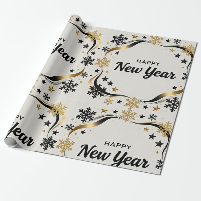 Papel De Regalo Happy New Year Black and Gold Snowflake  (Desenrollado)