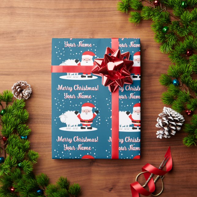 Papel De Regalo Happy Santa Claus cartoon with sheep Christmas (Regalo de vacaciones)