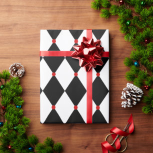 Papel De Regalo Harlequin blanco y negro con acentos rojos
