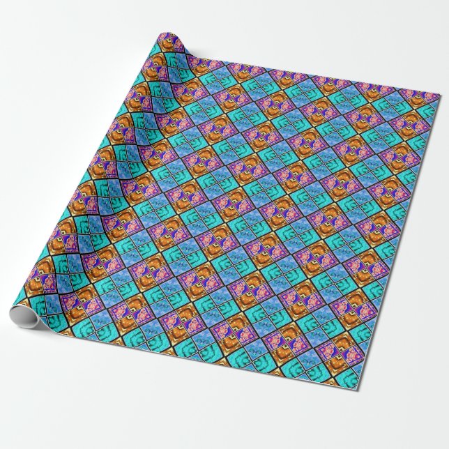 Papel De Regalo Harlequin Tiles Azure Bronze Amethyst (Desenrollado)