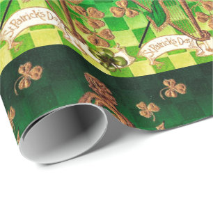 Papel De Regalo HARP IRLANDÉS, VERDE GOLD SHAMROCKS St Patrick's D