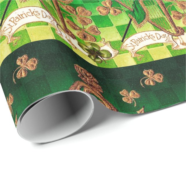 Papel De Regalo HARP IRLANDÉS, VERDE GOLD SHAMROCKS St Patrick's D (Esquina del rollo)