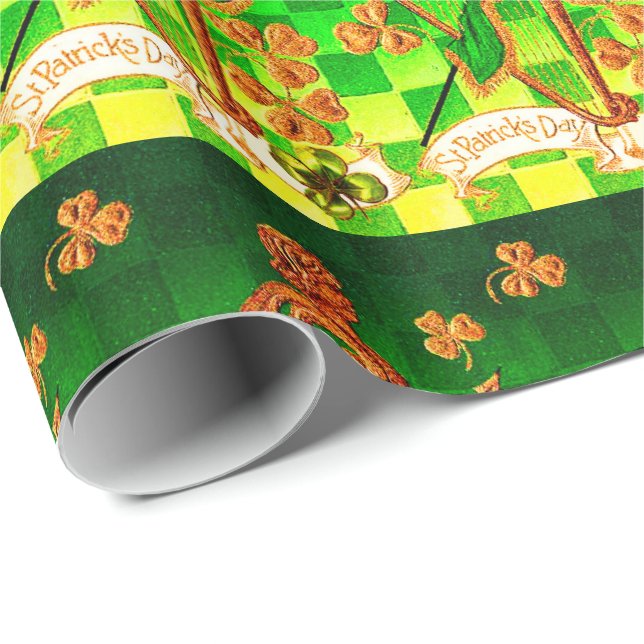 Papel De Regalo HARP IRLANDÉS, VERDE GOLD SHAMROCKS St Patrick's D (Esquina del rollo)