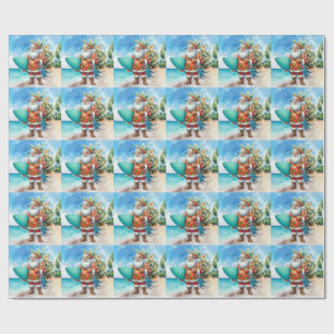 Papel De Regalo Hawaii Santa Claus sostiene tabla de surf Navidad