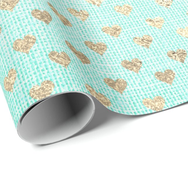 Papel De Regalo Heart Confetti Metallic Tiffany Aqua Gold Linen (Esquina del rollo)