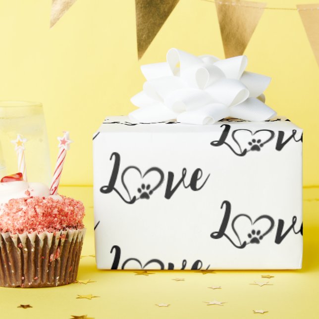 Papel De Regalo Heart Dog Paw Print With Love Text (Fiesta de cumpleaños )