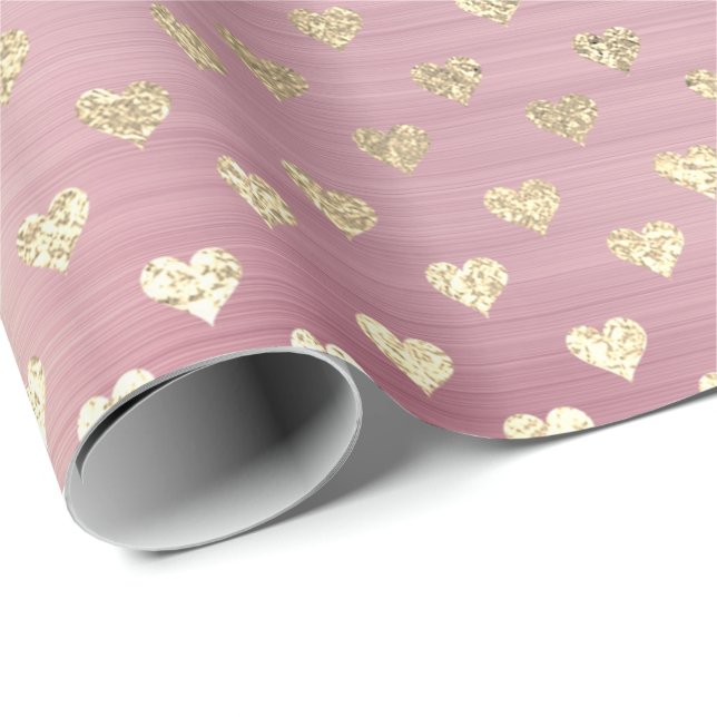 Papel De Regalo Hearts Metallic Rosa Rosa Rosa Rubor Polvo dorado (Esquina del rollo)
