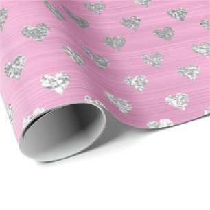 Papel De Regalo Hearts Silver Gray Metallic Rosa Rubor