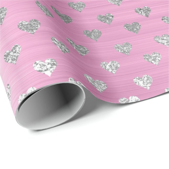 Papel De Regalo Hearts Silver Gray Metallic Rosa Rubor (Esquina del rollo)