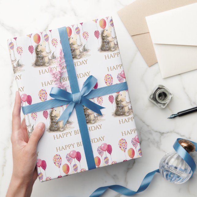 Papel De Regalo Hedgehog con globos rosados Feliz cumpleaños (Regalar)