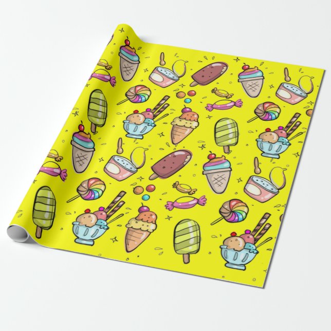 Papel De Regalo Helado Cream Candy Amarillo (Desenrollado)