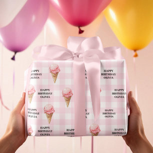 Papel De Regalo Helado Dulce Cumpleaños Gingham Rosa Nombre Person