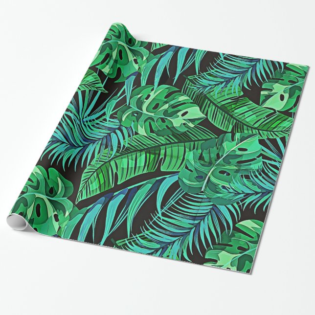 Papel De Regalo Helechos azules y verdes y hojas tropicales (Desenrollado)