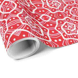 Papel De Regalo Hélices rojas y blancas, rizos de nieve, patrón ab