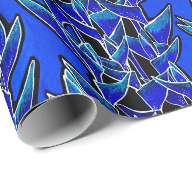 Papel De Regalo Heliconia Tropical Botánico Patrón Floral Azul (Esquina del rollo)