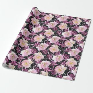 Papel De Regalo Hellebore rosa flora bayas y cintas en negro