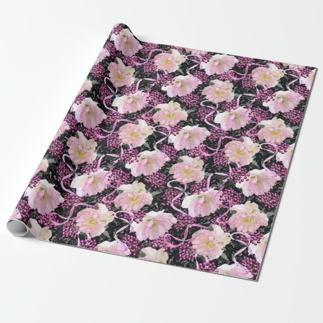 Papel De Regalo Hellebore rosa flora bayas y cintas en negro (Desenrollado)