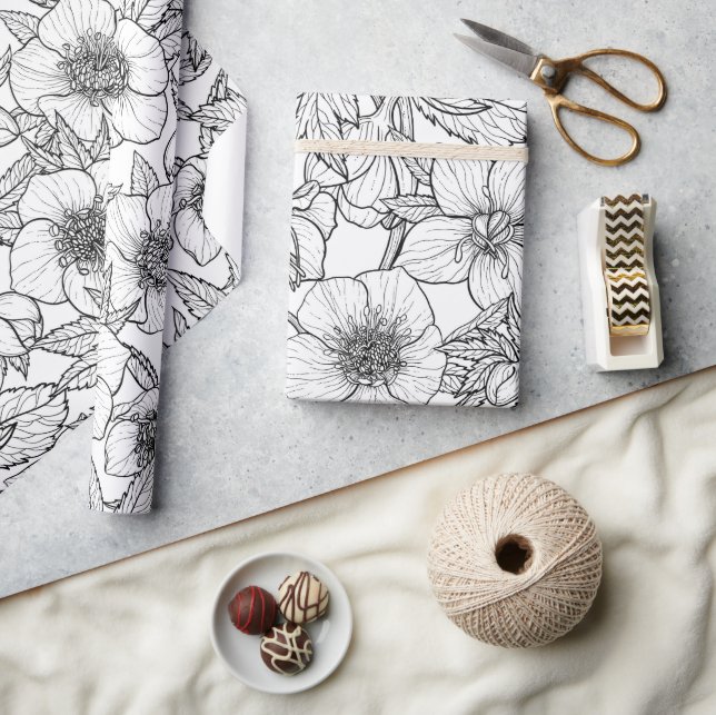 Papel De Regalo Hellebores en blanco y negro (Artesanía)