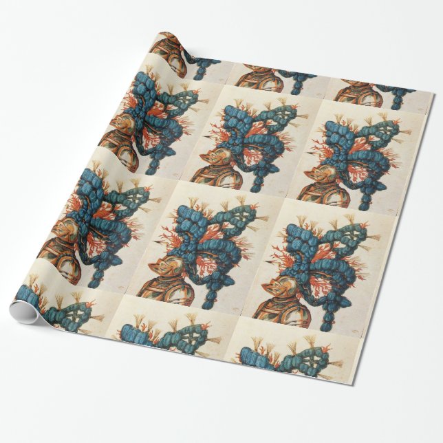 PAPEL DE REGALO HELMET ANTIGUO KNIGHT CON PIES AZULES ROJOS (Desenrollado)