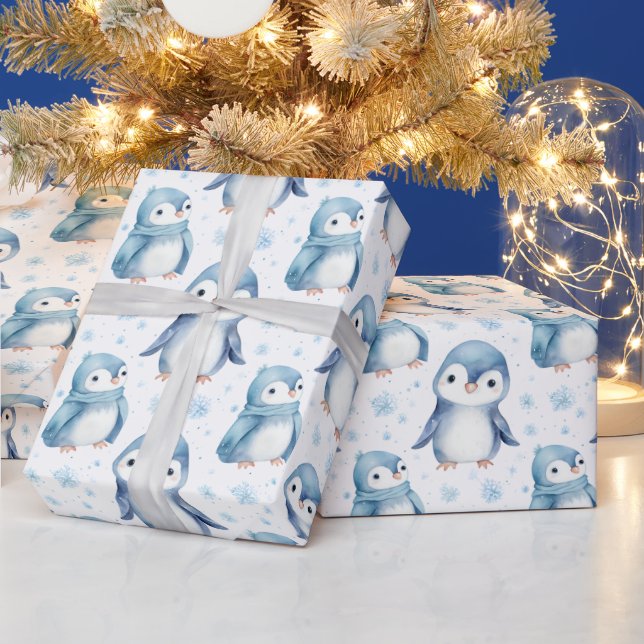 Papel De Regalo Hermosa acuarela bebé Navidades de pingüino (Vacaciones)