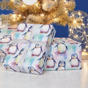 Papel De Regalo Hermosa acuarela bebé Navidades de pingüino