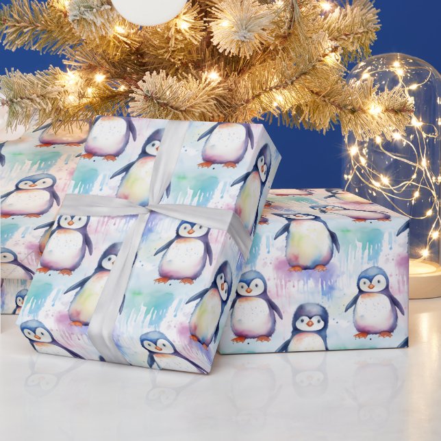 Papel De Regalo Hermosa acuarela bebé Navidades de pingüino (Vacaciones)