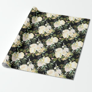 Papel De Regalo Hermosa acuarela de rosas blancas en negro
