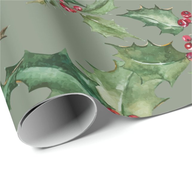 Papel De Regalo Hermosa acuarela Holly y Berries (Esquina del rollo)