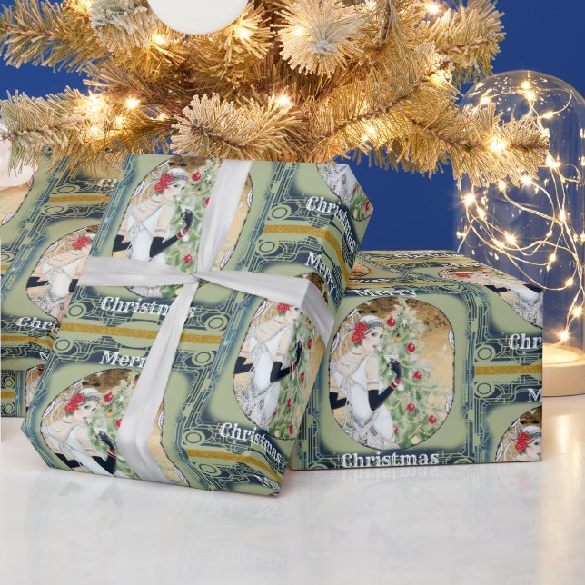 Papel De Regalo Hermosa dama retro y árbol de Navidad (Vacaciones)
