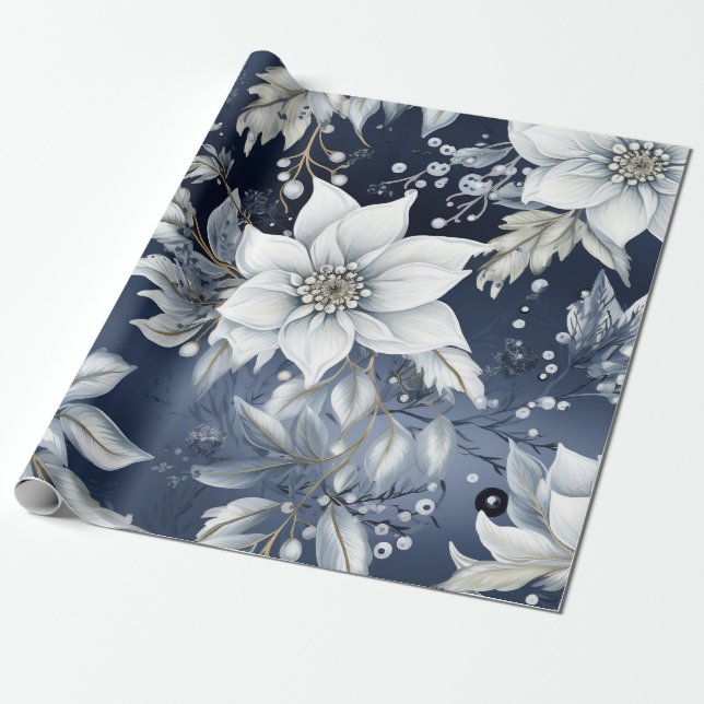 Papel De Regalo Hermosa floral de Navidades azules (Desenrollado)