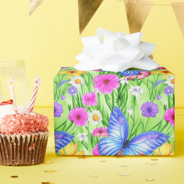 Papel De Regalo Hermosa mariposa azul con flores acuarela (Fiesta de cumpleaños )