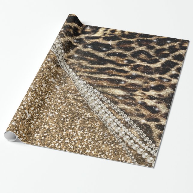 Papel De Regalo Hermosa Moda Girly Leopard Print Gold Purpurina (Desenrollado)