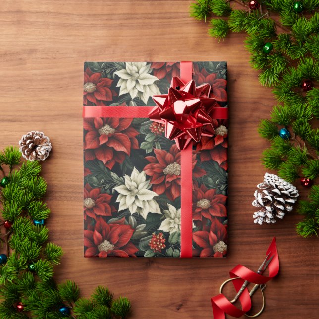 Papel De Regalo Hermosa poinsettia verde y blanca roja (Regalo de vacaciones)