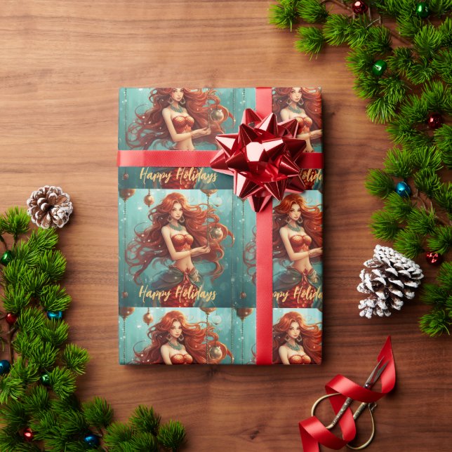 Papel De Regalo Hermosa sirena feliz Navidades de vacaciones (Regalo de vacaciones)