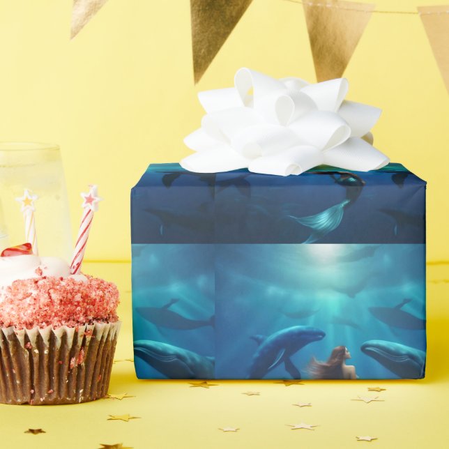Papel De Regalo Hermosa Sirenita Nadando Con Ballenas jorobadas, (Fiesta de cumpleaños )