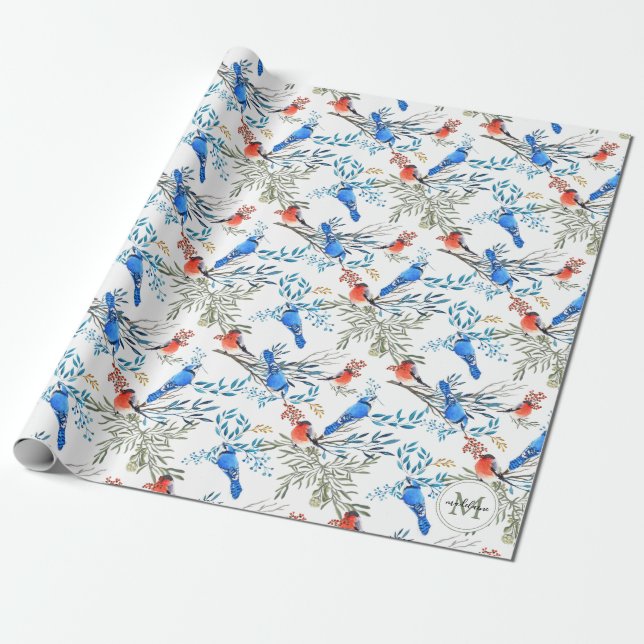 Papel De Regalo Hermosas aves acuarelas y patrones de follaje (Desenrollado)