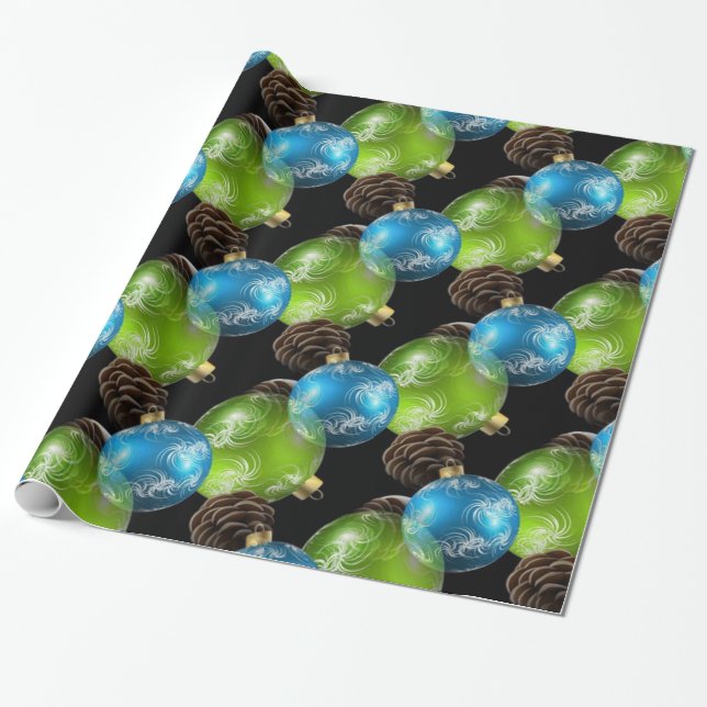 Papel De Regalo Hermosas bolas de Navidades azules y verdes (Desenrollado)