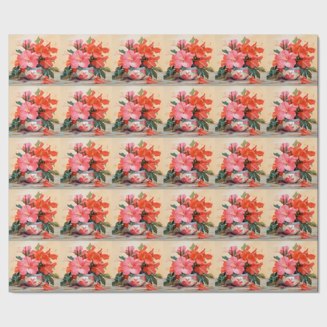 Papel De Regalo Hermosas flores de Hibiscus, rosadas/rojas, (Costura)