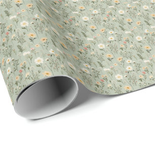 Papel De Regalo Hermosas flores de pradera sobre verde