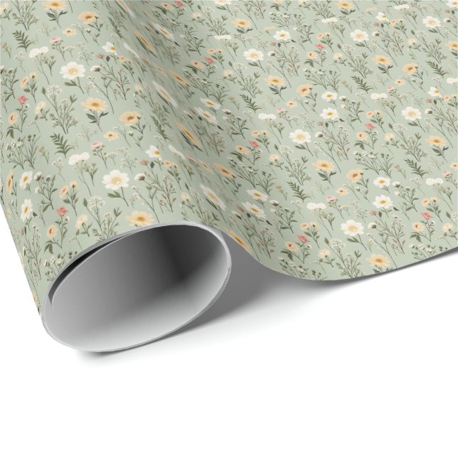 Papel De Regalo Hermosas flores de pradera sobre verde (Esquina del rollo)