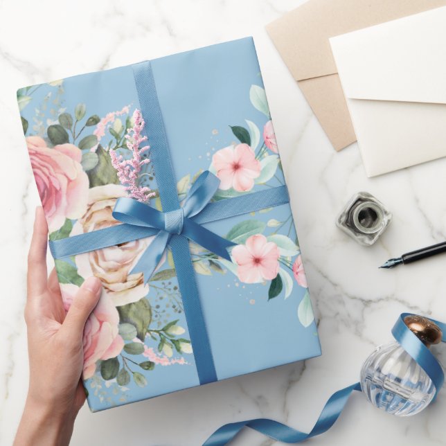 Papel De Regalo Hermosas Flores En Azul (Regalar)