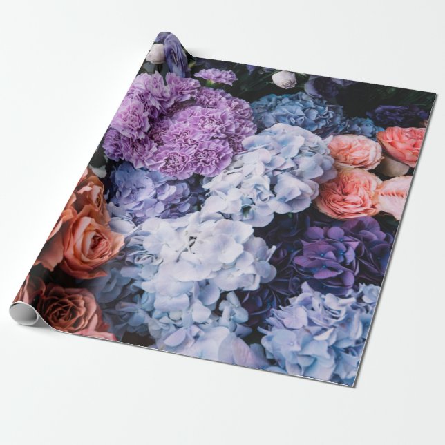 Papel De Regalo Hermosas flores florecientes (rosas, hortensias, c (Desenrollado)
