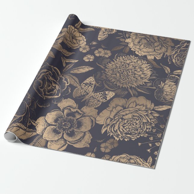 Papel De Regalo Hermosas flores peonías, rosas y mariposas.  (Desenrollado)