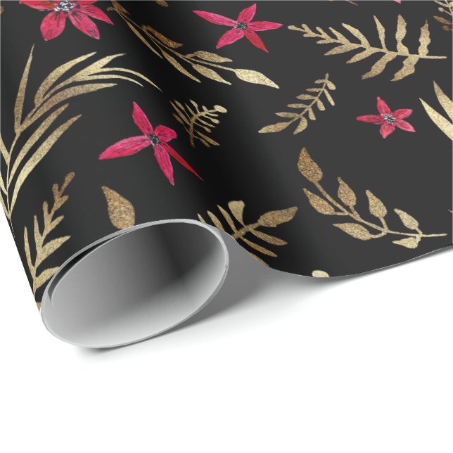 Papel De Regalo Hermosas flores rojas brillo dorado hojas el negro (Esquina del rollo)